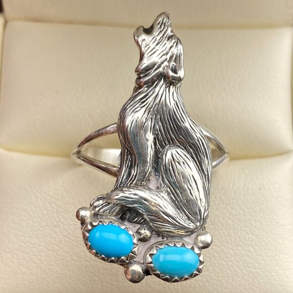 RARE Vtg Running Bear Trading Gallop Turquoise Sterling Silver Wolf Ring Sz 9.5 - Picture 9 of 16